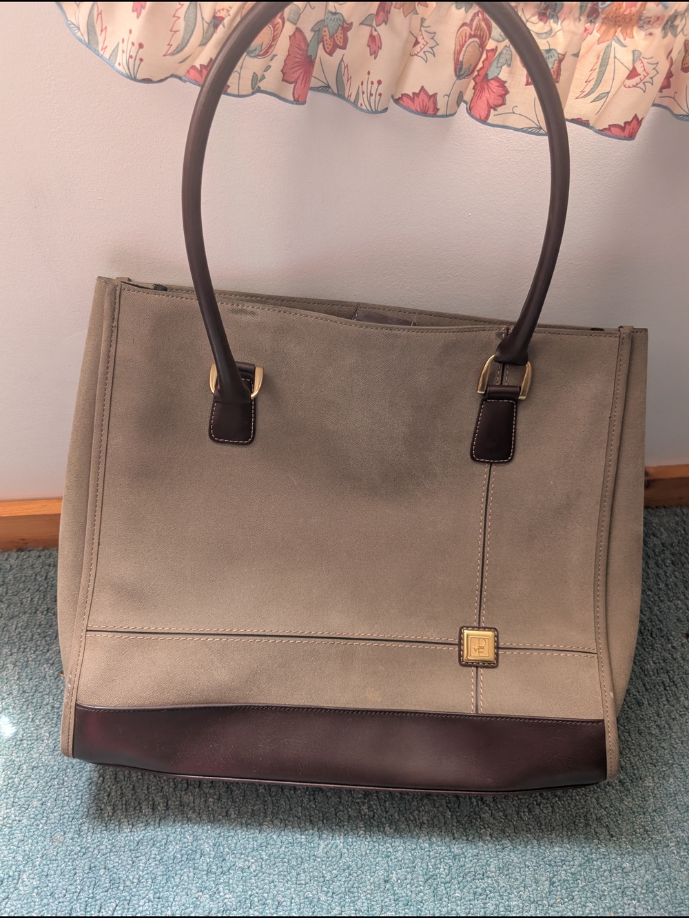 DVF Diane Von Furstenburg Taupe Suede Tote with Dark Brown Trim Laptop Tote